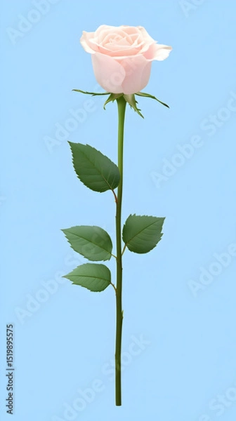 Obraz A Single Pale Pink Rose Stands Tall Against a Light Blue Background,  Elegantly Displaying its Delicate Petals and Lush Green Leaves.