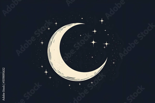 Obraz Crescent Moon and Stars: A Hand-Drawn Celestial Illustration on Dark Background