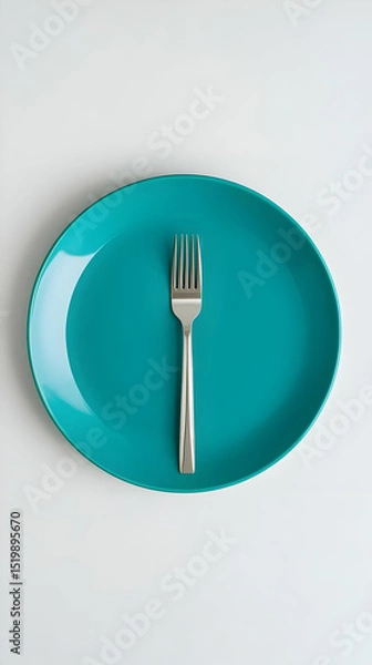 Fototapeta A Teal Oval Plate with a Silver Fork, Minimalist Table Setting, Simple and Clean Design,  Overhead View, Studio Shot.