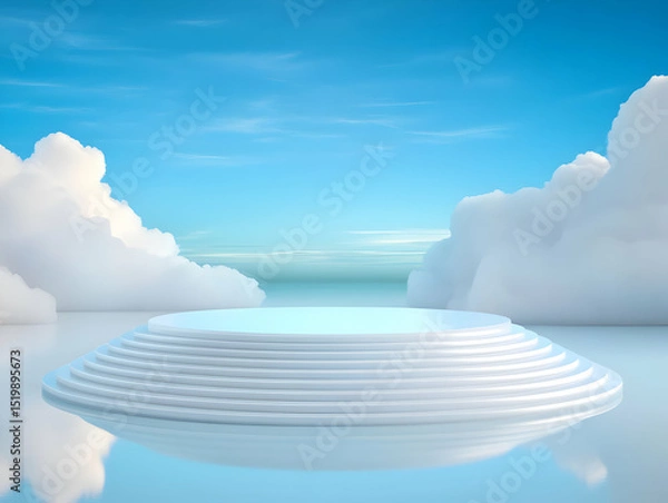Obraz Serene 3D Render: Circular Platform on Calm Waters, Surrounded by Clouds, Abstract Background