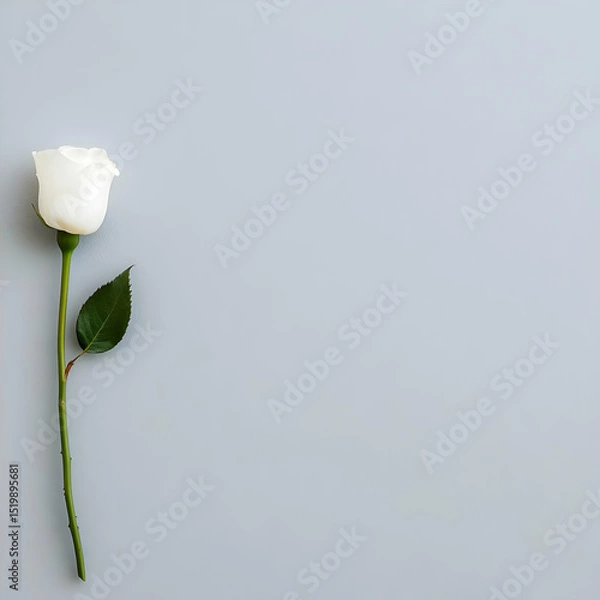 Obraz Single White Rose on Light Gray Background: Minimalist Floral Photography, Elegant Botanical Image, Simple Nature Design