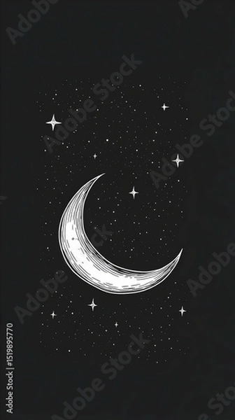 Obraz Crescent Moon and Stars: Hand-Drawn Night Sky Illustration, Celestial Background, Black and White Sketch, Mystical Art