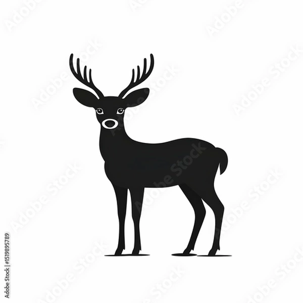 Obraz Black Silhouette of a Deer with Antlers Stands Calmly on White Background, Wildlife Illustration
