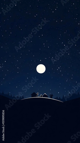 Obraz Nighttime Illustration: Silhouetted Houses Under a Bright Moon and Starry Sky