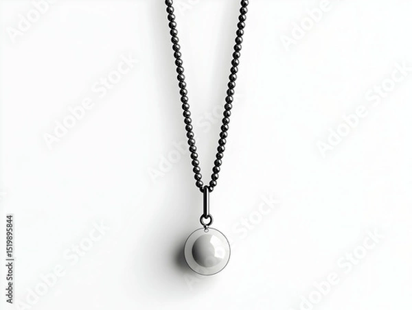Obraz 3D Render of Elegant Black Beaded Necklace with a Smooth White Sphere Pendant, Minimalist Design against White Background