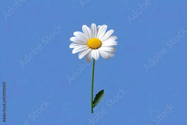 Obraz Single Daisy Flower against Blue Background: A Botanical Illustration of a White Daisy with Yellow Center, Stem, and Leaf, Set against a Solid Azure Background, Representing Purity and Simplicity.