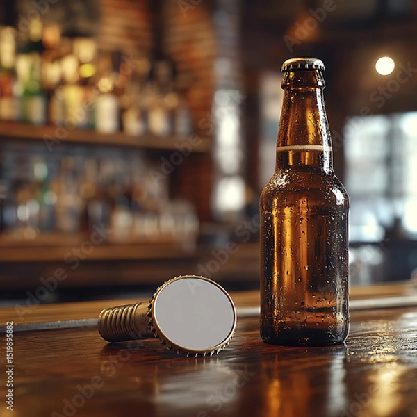 Fototapeta Chilled Amber Beer Bottle and Cap on a Rustic Wooden Bar Surface