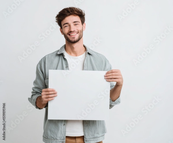 Obraz Cheerful man holding a blank sign ready for your message or advertisement.