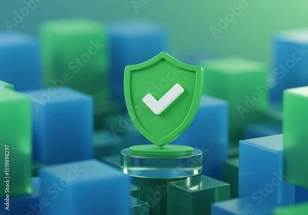 Fototapeta Green shield with a checkmark stands out in a blue and green cube background
