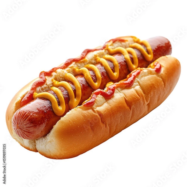 Obraz A delicious hotdog with mustard and ketchup in a soft white bun on transparent background