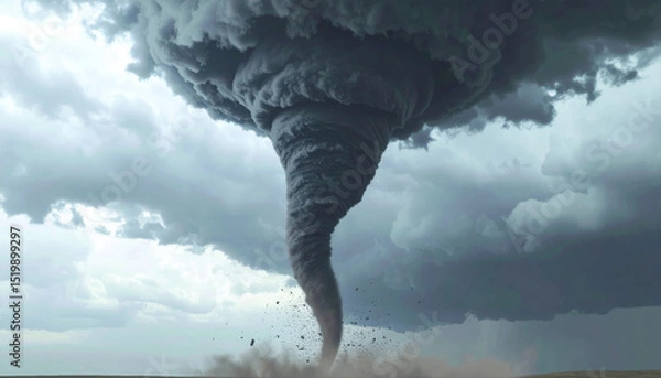 Fototapeta Dramatic tornado forms from swirling dark clouds, creating powerful and intense scene of nature fury over flat landscape, evoking awe and tension