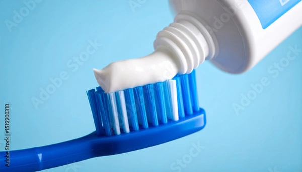 Fototapeta Blue toothbrush with white toothpaste being squeezed from tube, close up on bristles, against light blue background, clean and fresh feeling