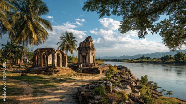 Fototapeta Ancient temple ruins along Mekong River shore create mysterious atmosphere, surrounded by lush palm trees and scenic mountains in background