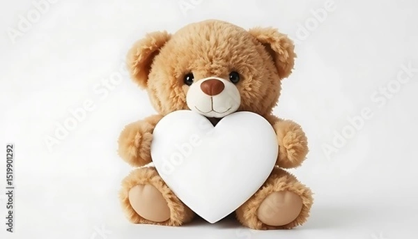 Fototapeta fluffy cute teddy bear with a white heart in his hands with a place for writing on the heart