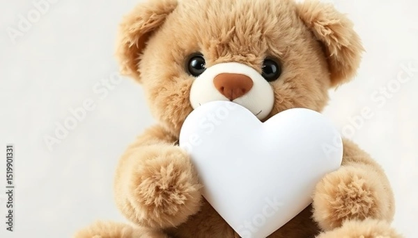 Fototapeta fluffy cute teddy bear with a white heart in his hands with a place for writing on the heart