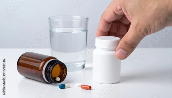 Fototapeta Hand is lifting white pill bottle beside glass of water, with open brown bottle and assorted capsules and tablets on white table