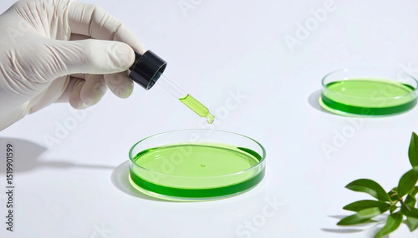 Fototapeta Gloved hand holding dropper with green liquid above glass petri dish, laboratory setting, plant in background, scientific research, clean and bright atmosphere