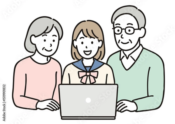 Fototapeta 祖父母と女子高生が一緒にパソコンを見る家族の時間