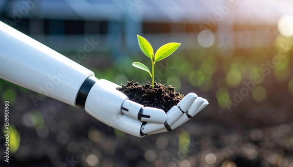 Fototapeta Robotic hand gently cradles vibrant green plant seedling in rich soil, symbolizing harmony between technology and nature in bright outdoor setting