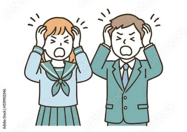 Fototapeta 頭を抱えて困る女子高生とブレザーの男子高校生