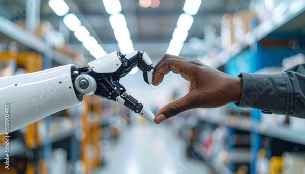 Fototapeta White robot hand and black human hand form heart shape in warehouse, symbolizing connection, technology, and unity between artificial intelligence and humanity