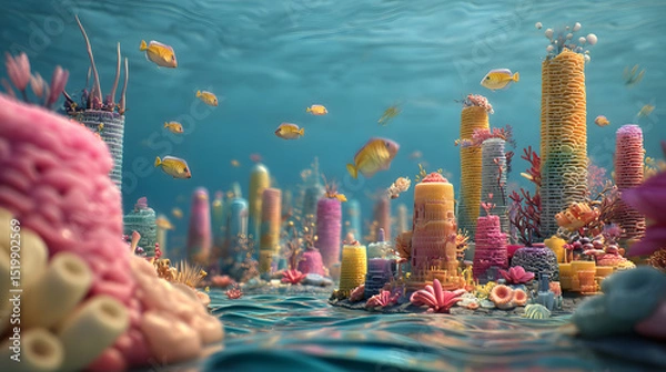 Obraz 3D cartoon of a colorful coral reef city