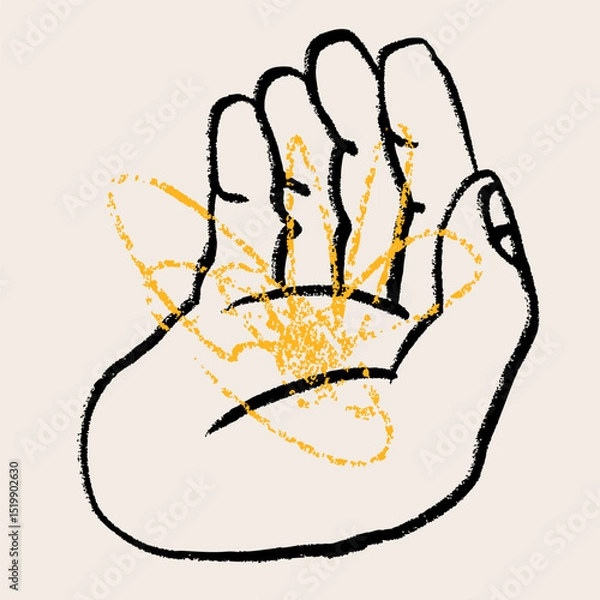 Fototapeta Human hand holding something. Abstract doodle sketchy yellow shape lying in palm. Hand drawn modern Vector illustration. Isolated design element. Poster, print, sticker template. Care, support concept