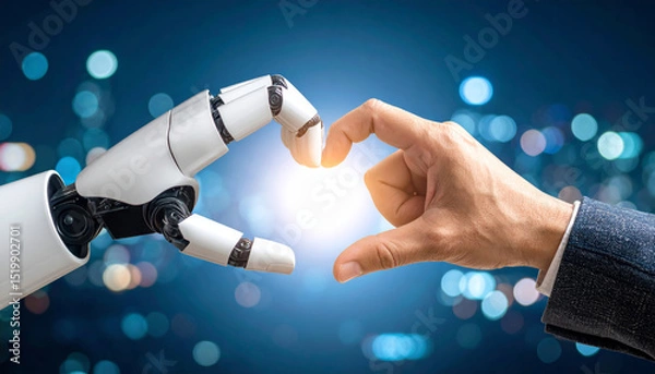 Fototapeta White robot hand and human hand form heart shape together, symbolizing connection, technology, and collaboration with glowing city background