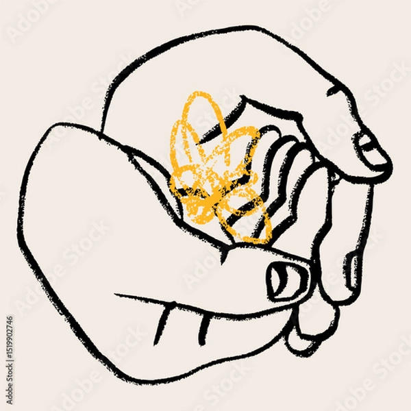 Fototapeta Human hands holding something. Abstract doodle sketchy shape lying in palms. Hand drawn modern Vector illustration. Isolated design element. Poster, print, sticker template. Care, support concept