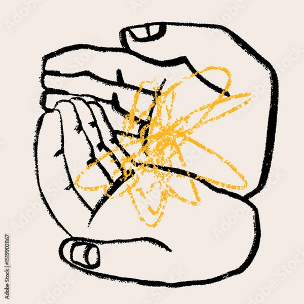 Fototapeta Human hands holding something. Abstract doodle sketchy shape lying in palms. Hand drawn modern Vector illustration. Isolated design element. Poster, print, sticker template. Care, support concept