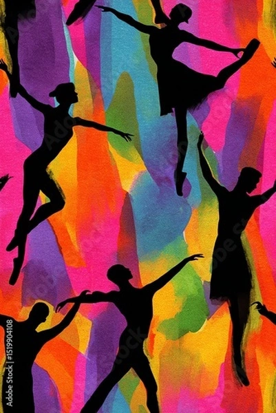 Obraz colorful silhouette pattern of ballet dancers on vibrant abstract background, artistic motion expression