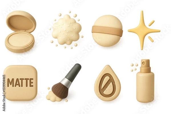 Obraz 3D Makeup Icon Set. 3D icon set of finishing and setting powders: translucent pan, micro-fine dust, puff applicator, light ray,