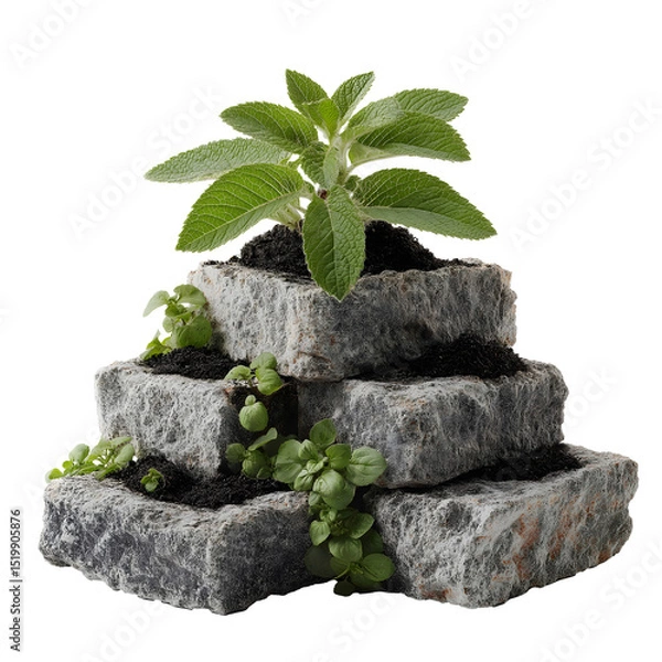 Obraz Small stone structure with plant growing, natural decor, symbolizing resilience and growth, suitable for eco-friendly designs. Isolated on white background or PNG