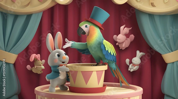 Obraz 3d Cartoon of a colorful parrot assisting magician