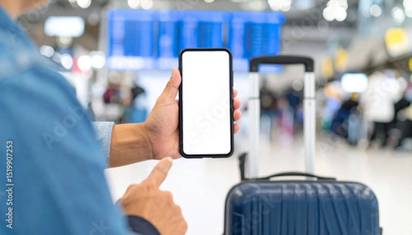 Fototapeta Asian male traveler holding smartphone with blank white screen at airport, pointing at device, blue suitcase in background, digital boarding, travel technology, anticipation