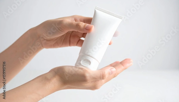 Fototapeta White tube of cream held by woman hand, applying lotion to other hand, skincare product, minimal background, gentle and clean feeling