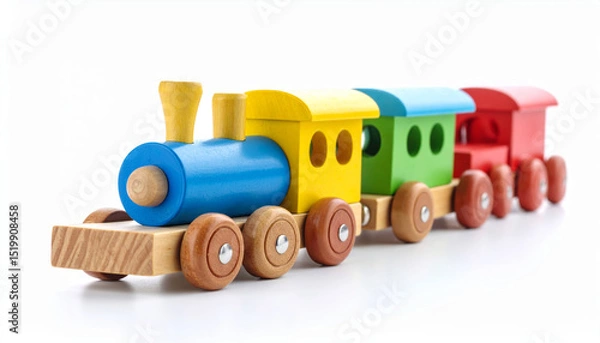 Fototapeta Brightly colored wooden train toy with blue, yellow, green, and red carriages on white background, perfect for playful childhood moments and imaginative play