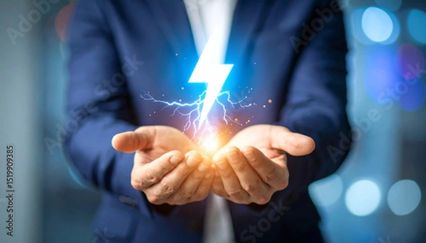 Fototapeta Businessman holding glowing lightning bolt in hands, symbolizing energy, innovation, power, and creativity in modern office environment, with confident and dynamic expression