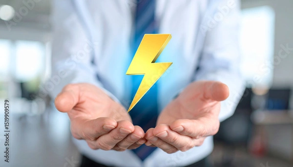 Fototapeta Businessman holding glowing yellow lightning bolt symbol in his hands, representing energy, innovation, and power in modern office environment
