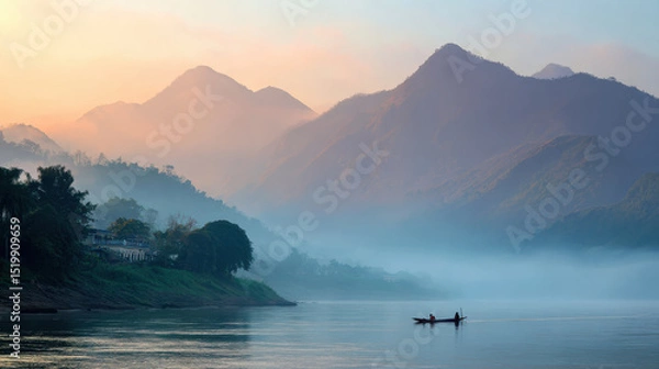 Fototapeta Serene foggy morning along Mekong River showcases tranquil landscape with mountains in background, creating peaceful atmosphere for lone fisherman in boat