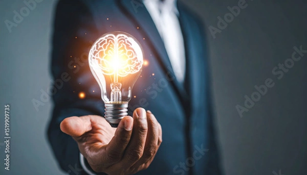 Fototapeta Businessman hand holding glowing lightbulb with brain inside, symbolizing innovation, creativity, and technical intelligence in business, with professional and inspiring atmosphere