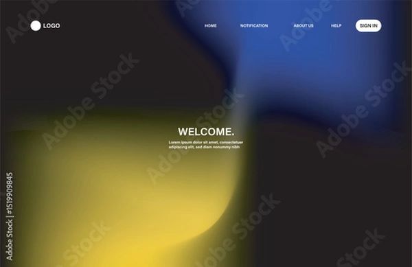 Fototapeta  Sleek and futuristic landing page design with abstract wave patterns and trendy gradient mesh. Features include navigation menu, bold typography, and glowing yellow-blue color transitions. 