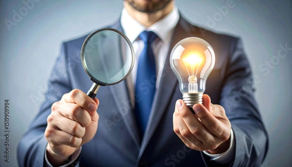 Fototapeta Businessman holding magnifying glass and glowing lightbulb, symbolizing idea, innovation, creativity, and inspiration in professional setting, with focus on discovery and insight