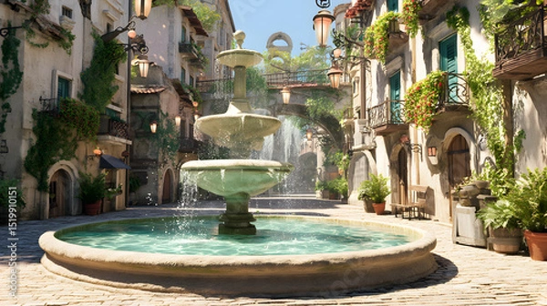 Obraz 3d Cartoon of a classic fountain in the center city