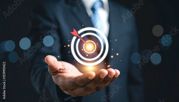 Fototapeta Businessman suit hand virtual target board arrow success planning strategy focus goal achievement concept leadership professional motivation vision futuristic technology