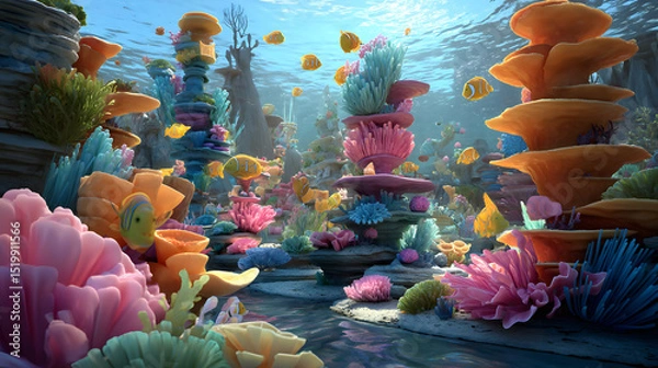 Obraz 3D cartoon of a colorful coral reef city