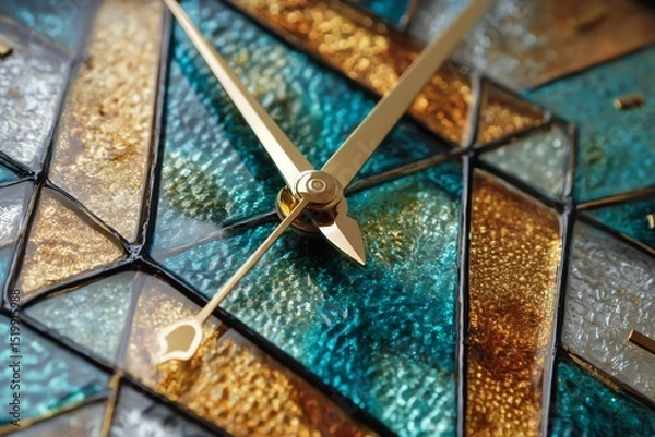 Obraz art deco stained glass clock with geometric symmetry, gold and teal color scheme, elegant glass texture