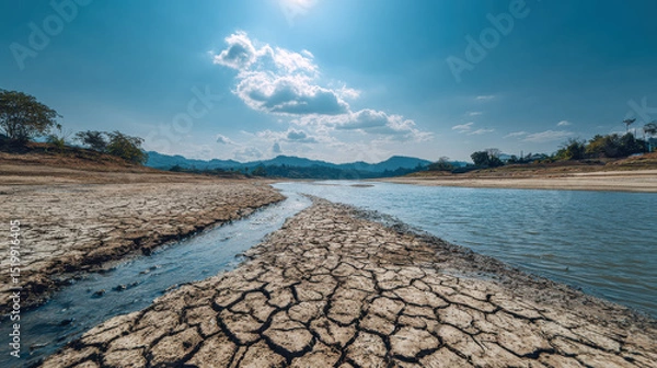 Fototapeta Dry riverbed in Mekong region during dry season, showcasing cracked soil and low water levels under bright blue sky with scattered clouds. landscape reflects impact of drought
