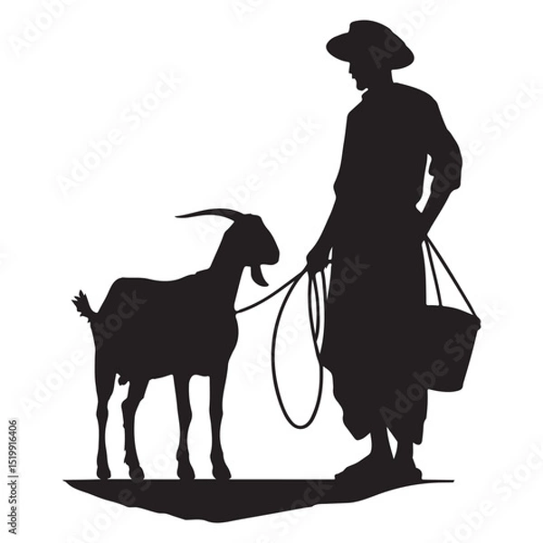 Obraz Silhouette of a goat and man together isolated on white background
