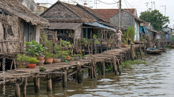 Fototapeta Tranquil Mekong River village features stilt houses and wooden bridge, surrounded by lush greenery and potted plants. scene captures essence of rural life and harmony with nature